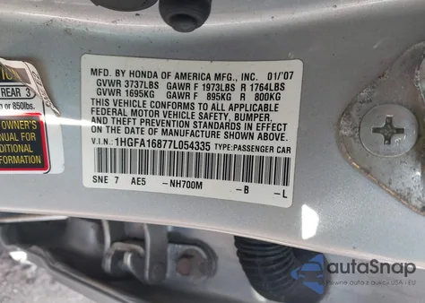 2007 Honda Civic Ex из США, поврежденный, VIN 1HGFA16877L054335